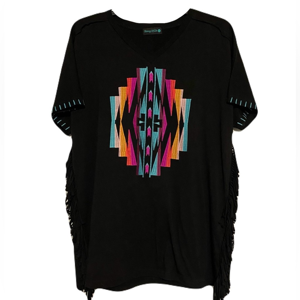 Sterling Kreek Women’s Large Black Embroidered Vneck T-Shirt Tassels Western